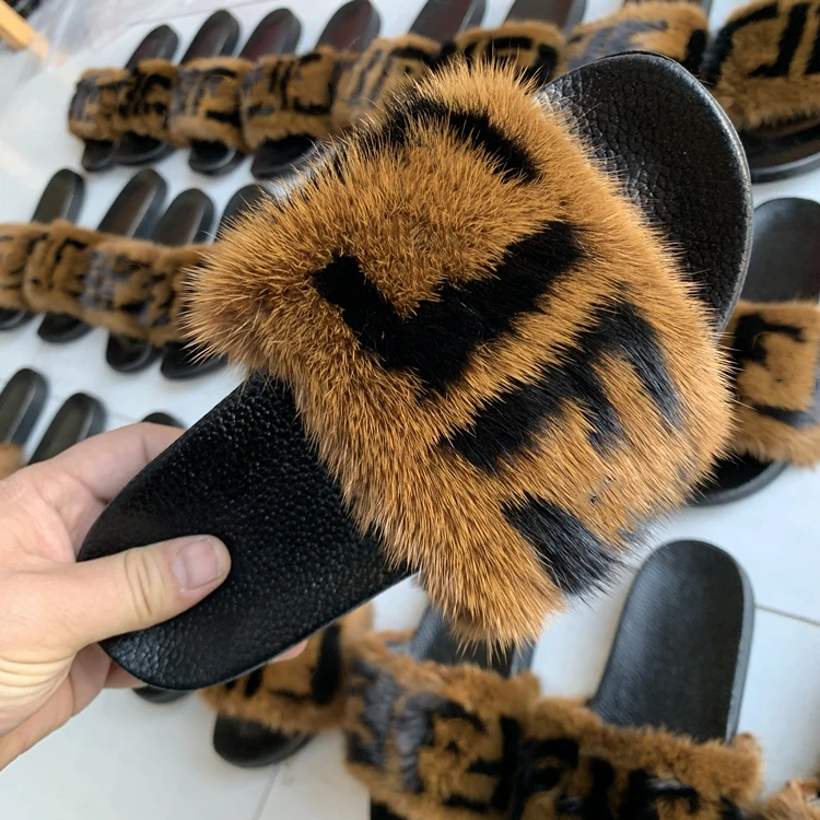 Custom Logo And Color Mixed Fluffy Real Mink Fur Slippers Mink Fur Slides
