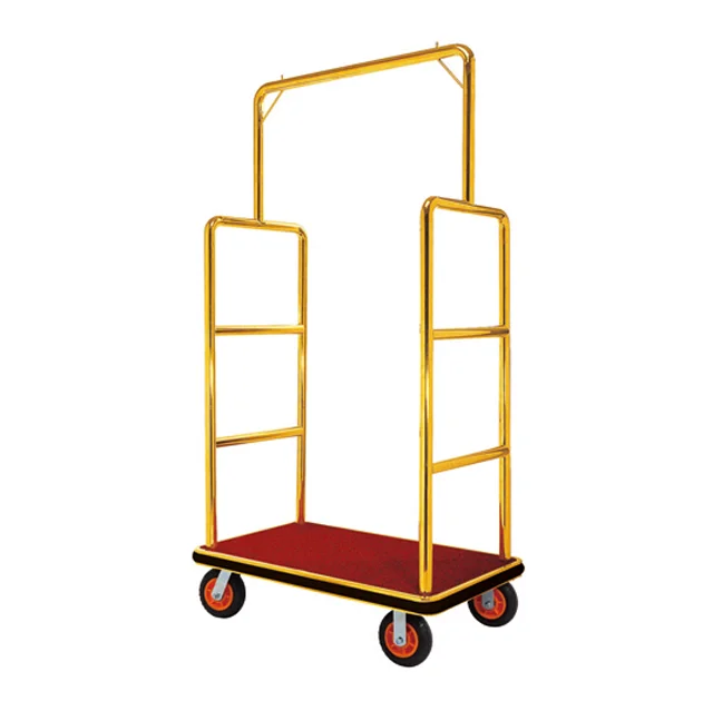 Wholesale Modern Hotel Lobby Bellman Luggage Carrier Trolley New Design Gold Titanium Serving Trolley Supplies for Hotels