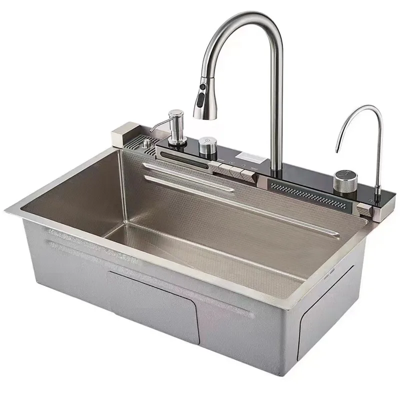 Tiktok Trend Black White Digital Display Faucet Stainless Steel Single Bowl Bionic Farmhouse Ceramic Kitchen Sink