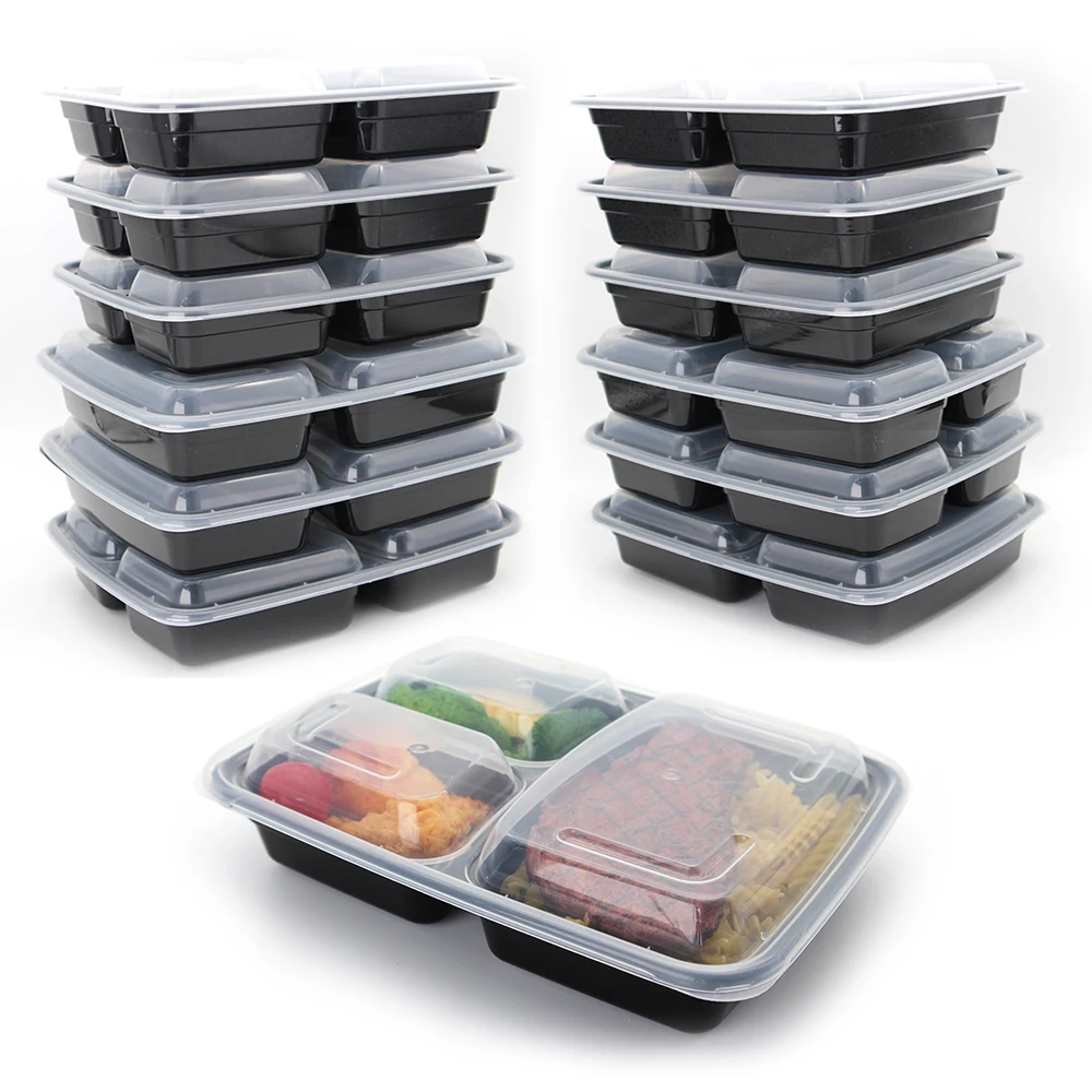3 compartment 32oz Reusable Microwave Safe To Go Meal Prep Food Containers with Lids