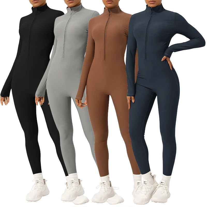 sm2333 Women Long Sleeves Turtle Neck Jumpsuit High Impact Ribbed Bodysuit Yoga Fitness Butt Lift Active Wear Playsuit