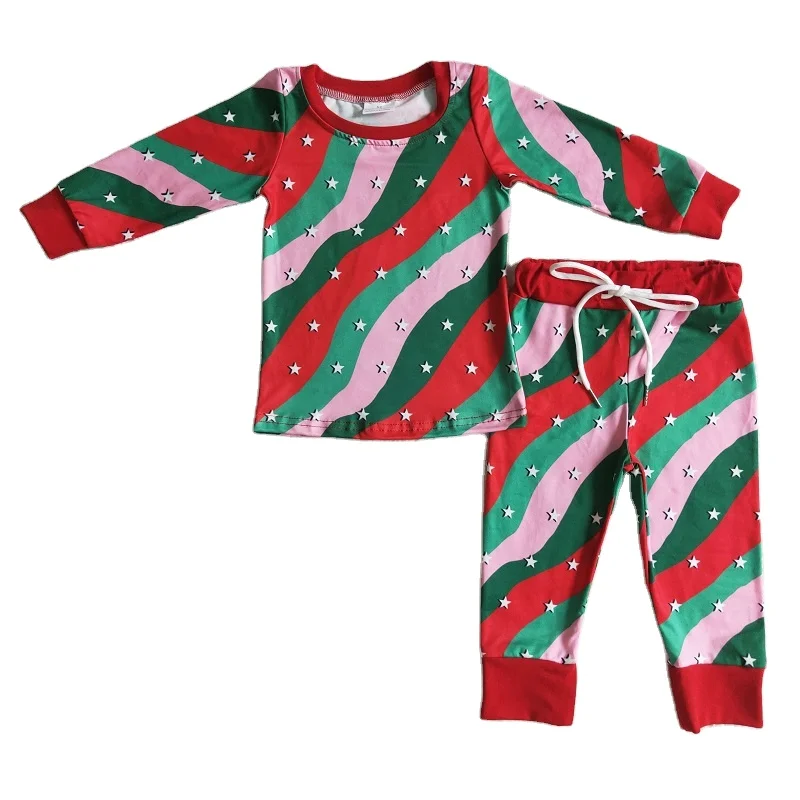 New Fashion Fall Baby Girls Christmas Striped Stars Long Sleeve Trousers Set Wholesale Boutique Kids Clothing Set