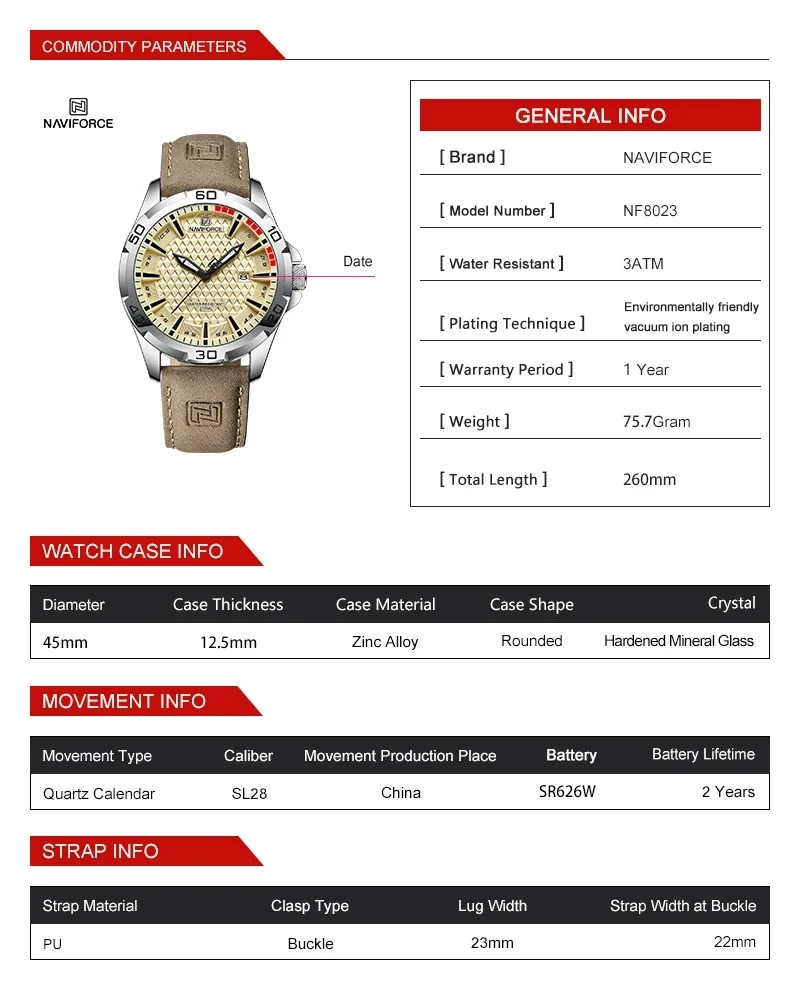 NAVIFORCE 8023 Men Casual Sport Quartz Watch Calendar Wrist Watch for Men Genuine Leather Water Male Clock Relogio Masculino