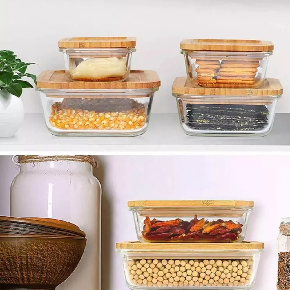 Oven Safe Glass Food Container With Bamboo Lid Meal Prep Glass Food Container  Set With Bamboo Lid
