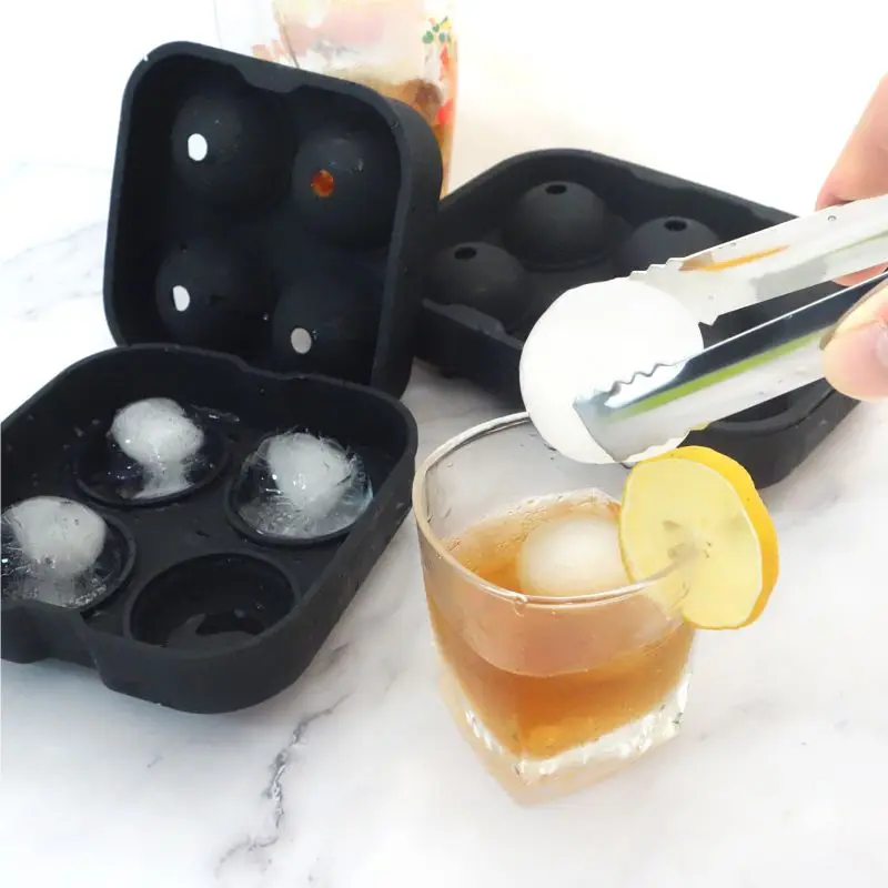Food Grade 4 or 6 Cavity Black Large Ice Ball Cube Mold Tray Maker Silicone Round Ice Cube Tray With Lids