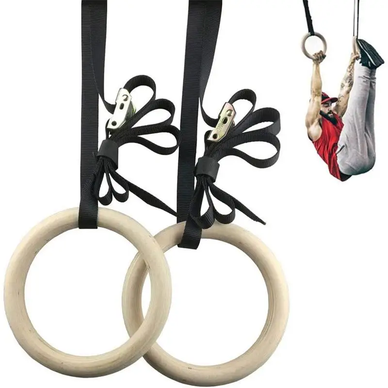 Wooden Gymnastic Rings 1 pair with Heavy Duty Adjustable Straps Gym Rings Pull Ups Muscle Training Ring for Strength Training