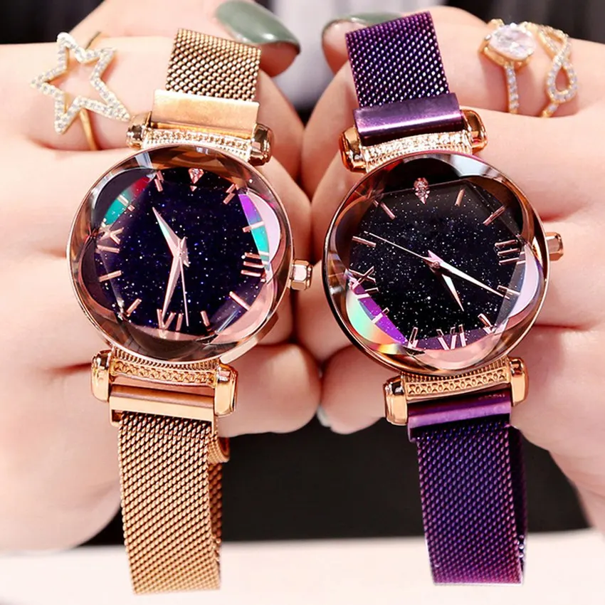 
Luxury Rose Gold Women Watches Minimalism Starry Sky Magnet Buckle Fashion Casual Roman Numeral Quartz Watches Relogio Feminino 