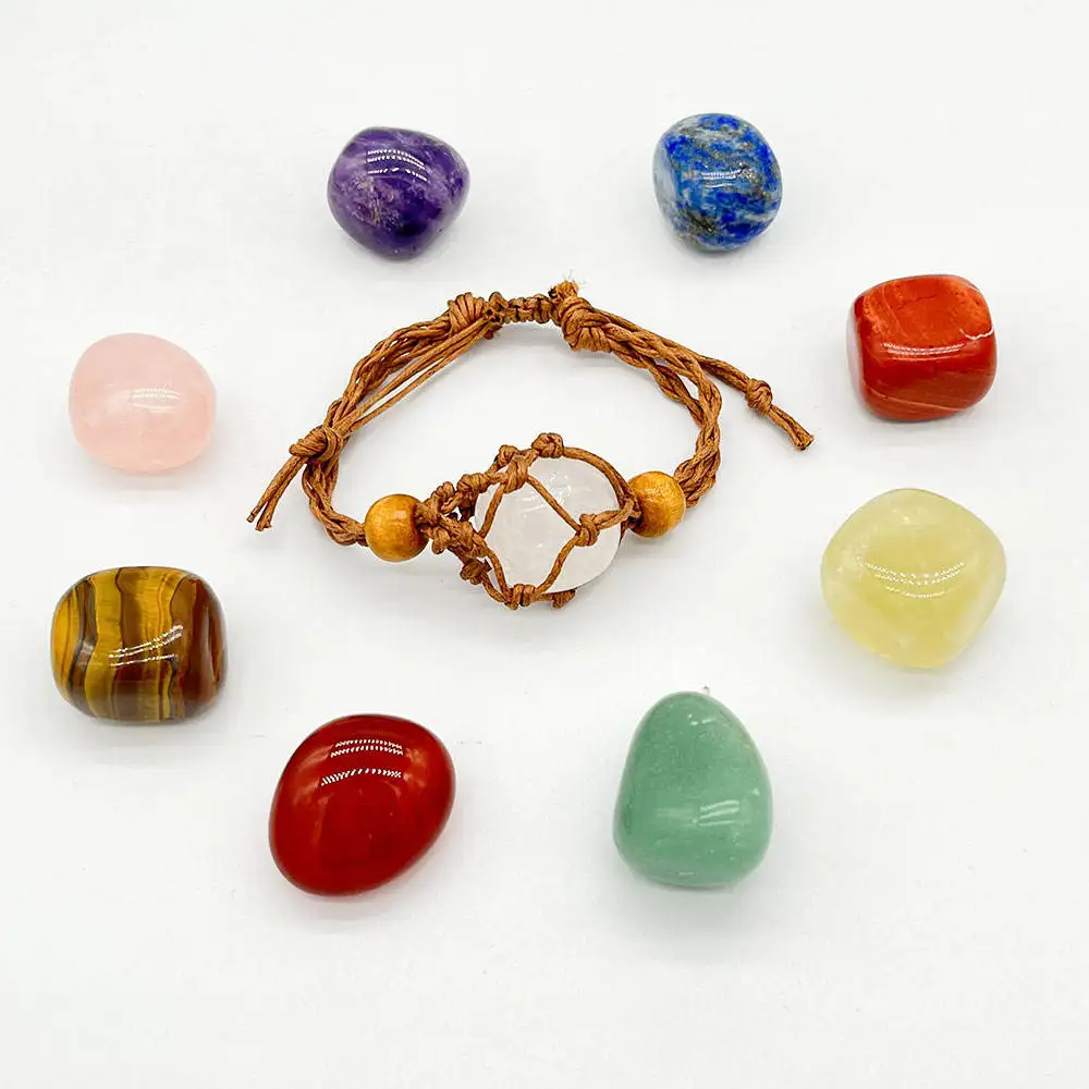Adjustable Natural Crystal Stone Cage Cord Bracelets Necklace Empty Crystal Pendant 7 Chakra Tumbled Gem Stones Bracelets