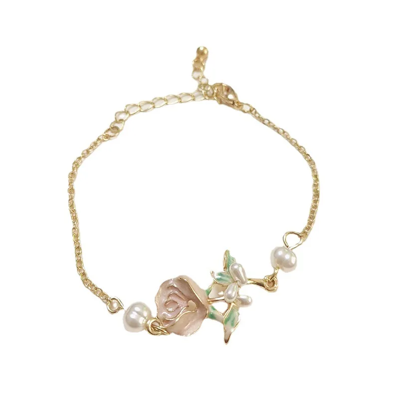 Factory Direct Rose Tea Beautiful Bright Flowers Long Earrings Bracelet Necklace Set Forest style French Retro Set
