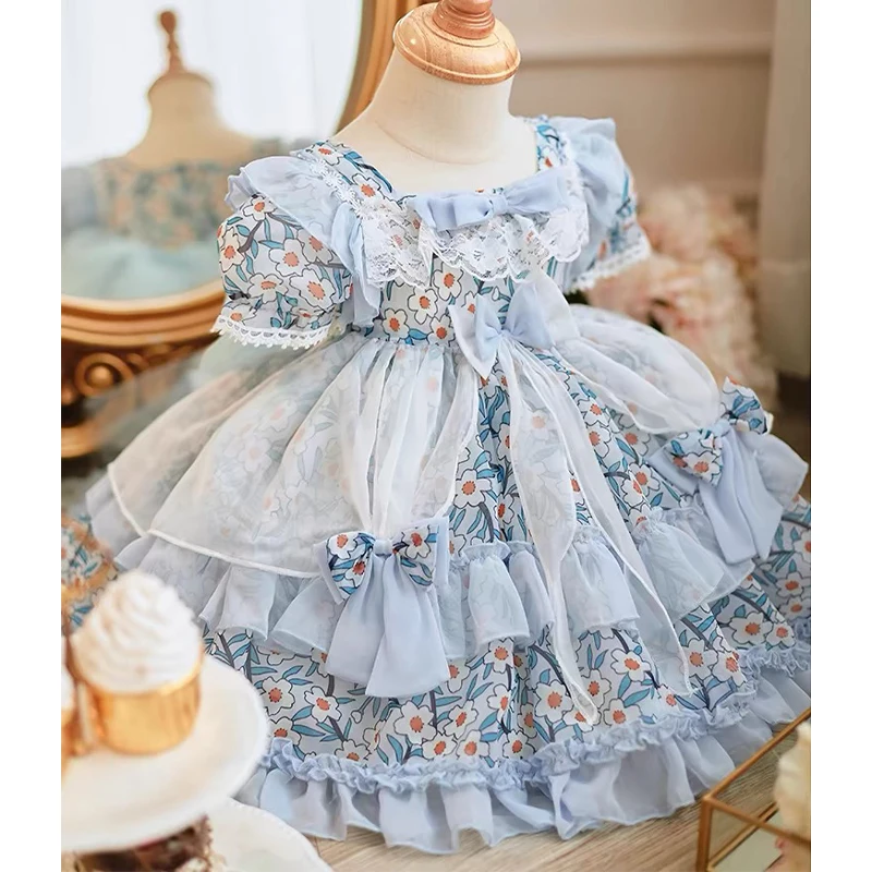 Yalindars Blue puff sleeve mesh waistband Layered Lolita Girls Dress Bow and flower print Jacquard fabric lace party dress