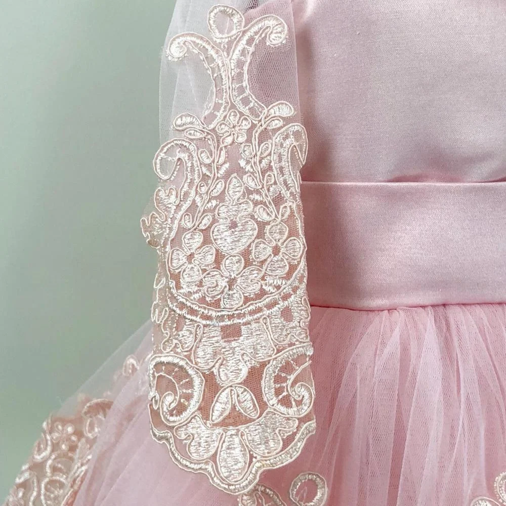 Pink Lacy Dress Girl Party Wear, 1-10 Year Birthday Dress Long Sleeves With Shoes and Hair Band Wholesale Custom Newborn