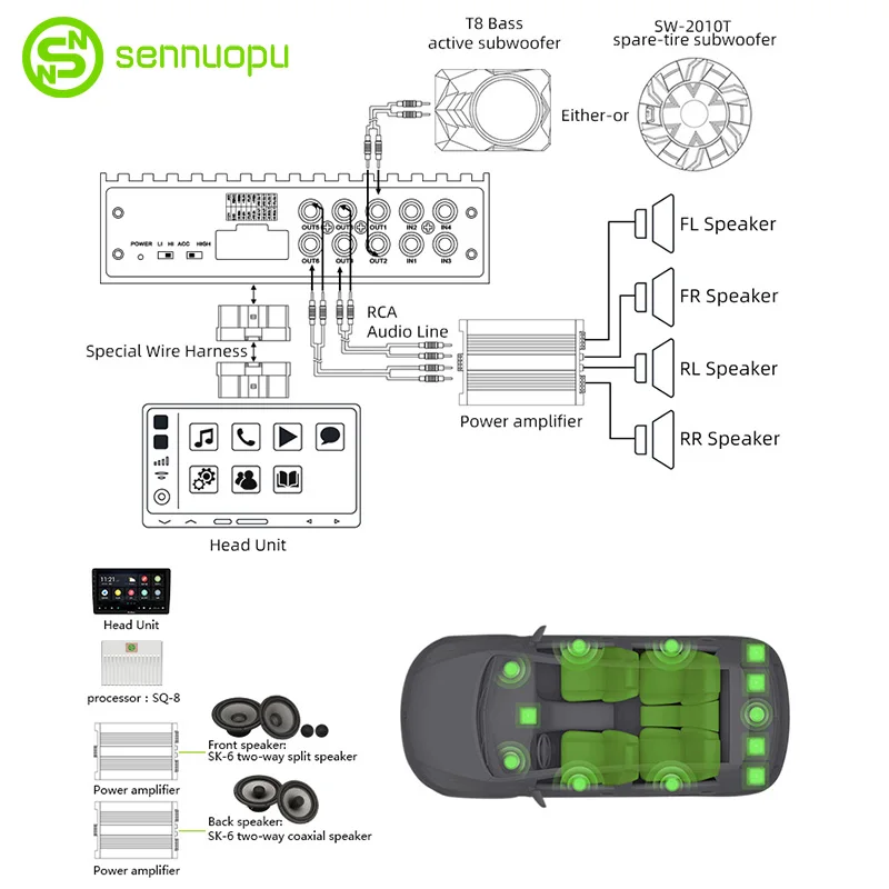 Sennuopu dsp Аудиопроцессор автомобиль 4 канала стерео усилитель для активная акустическая