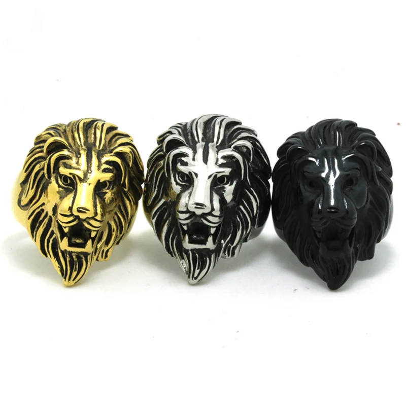 Gold Plated Men Fashion Jewelry Leon Stainless Steel Lion Shape Finger Ring Statement Animal Lion Head Rings