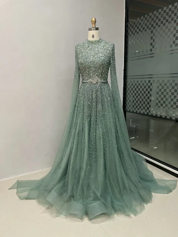 Elegant High Neck Cape Sleeves Middle East Muslim Muslimah Arabic Mother Of The Bride Dress For Wedding Party Prom Dresses 2024