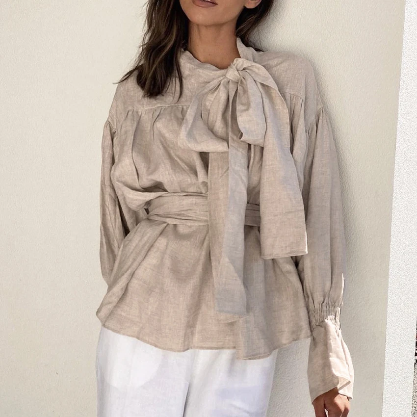 OEM Custom Women Long Strap Collar Long Puff Sleeve Wrap Blouse with Sash Ruffles Linen Cotton Tops for Office Lady