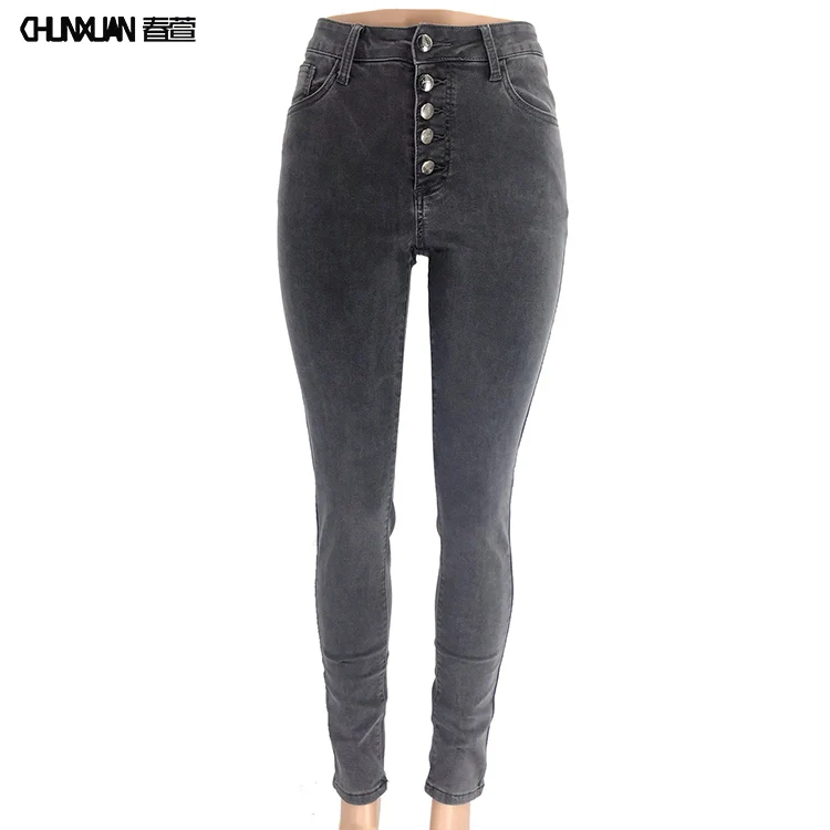 Women high waist casual high elastic jeans button denim skinny trousers