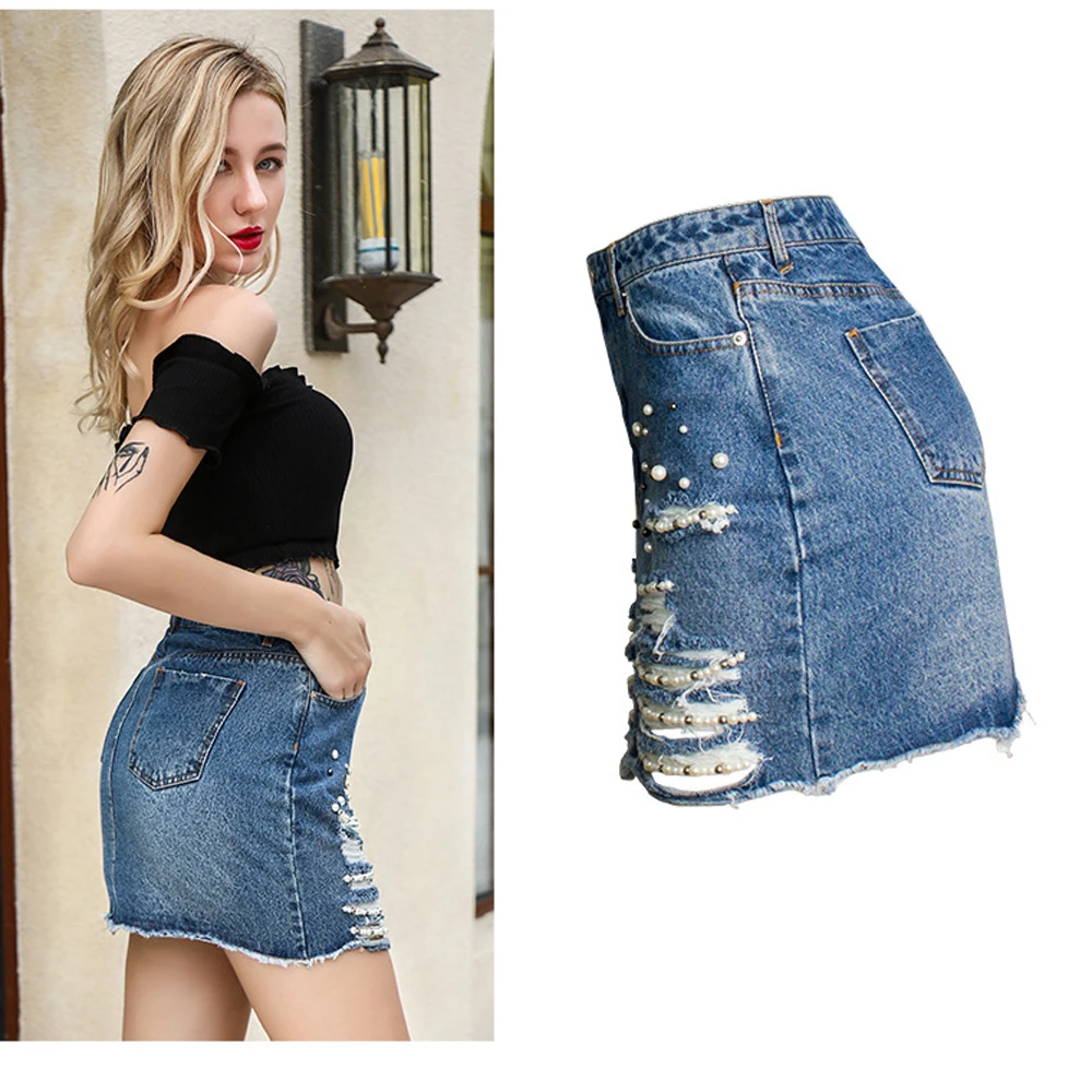 Женская короткая джинсовая юбка с высокой талией и жемчужным синим принтом
