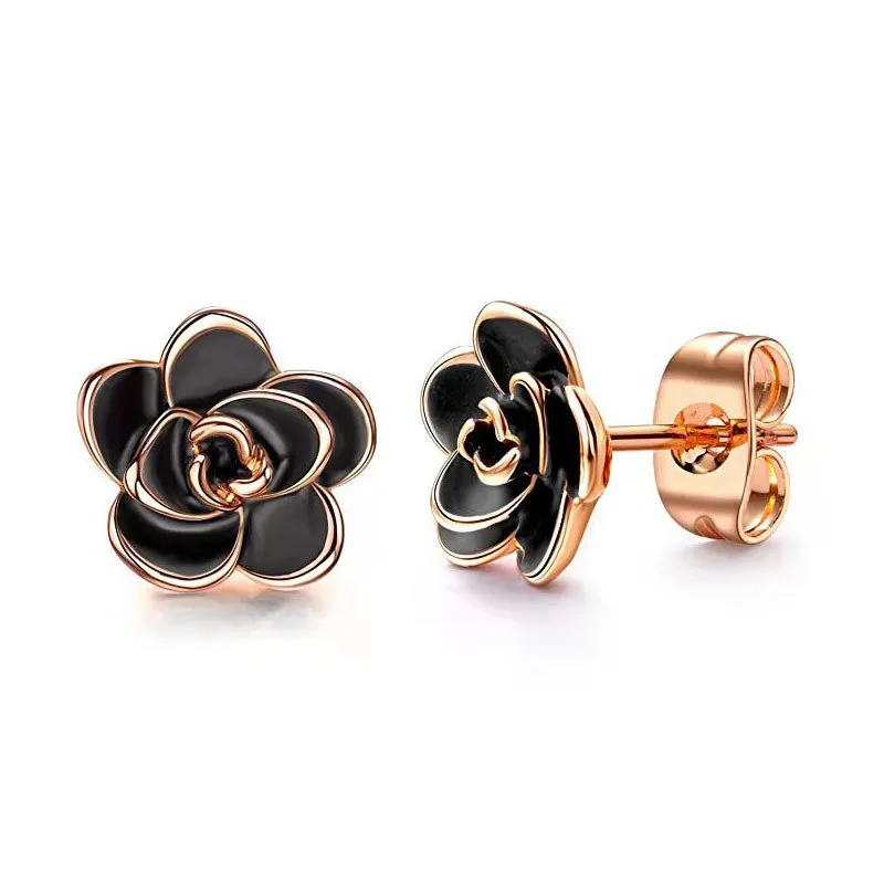 CAOSHI Trendy 3 Colors Women Fashion Black and White Rose Gold Vintage Oil Enamel Flower Earring Stud Earrings Wedding