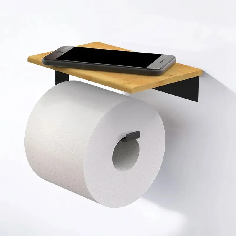 Wall Mounted Bamboo Bathroom Paper Holder Toilet Tissue Holder with Hanging Hook Set