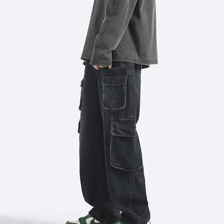 SSY Unisex American High Street Old Wash Vintage Jeans Loose Tooling Wide Leg Pants Drag Ground Straight Multi-bag Trousers