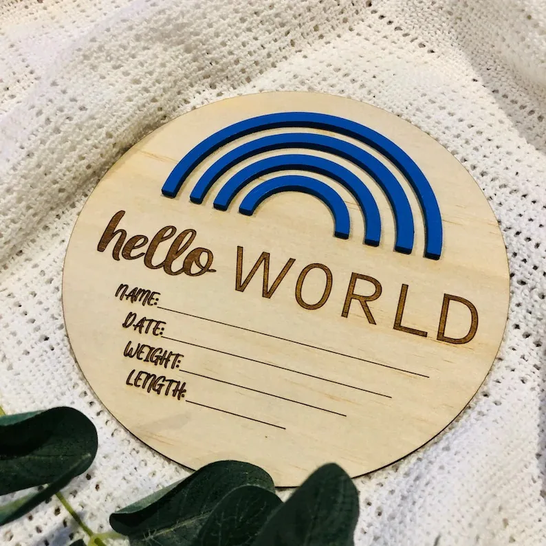 Custom Factory Laser Engrave Wooden Discs Baby Milestone Cards 3D Rainbow Newborn Baby Birth Announcement Wood Sign Card//