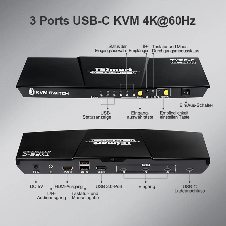 TESmart Single 3 ports USB KVM console Type C 4K 60hz KVM switch  for 3 computers sharing keyboard mouse U disk