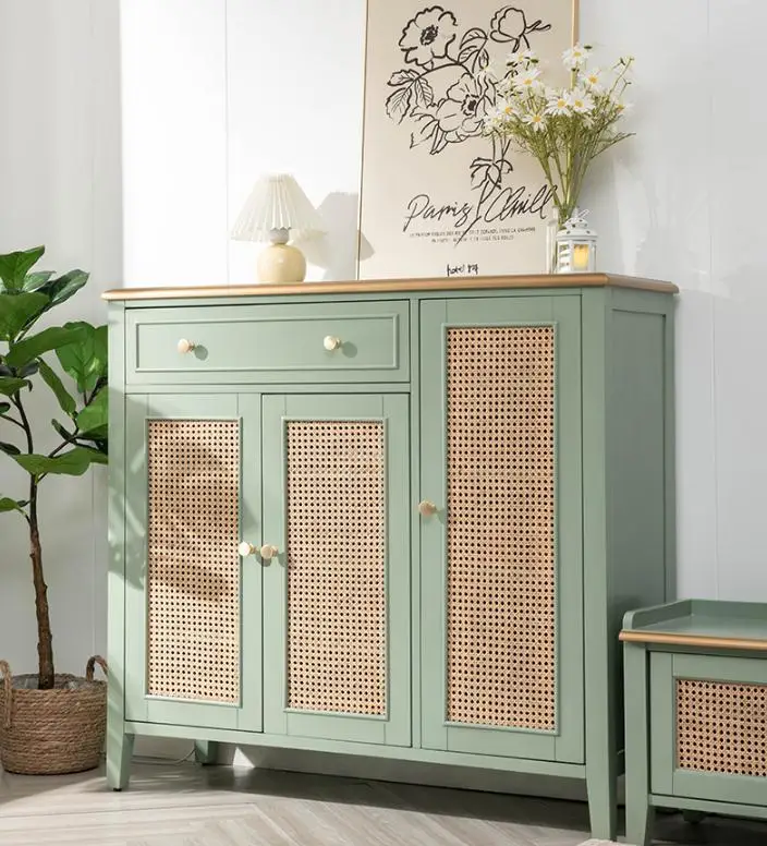 American Style Do Old Green Retro Rattan Door Porch Cabinet Storage Cabinet Modern Shoe Cabinet Solid Wood