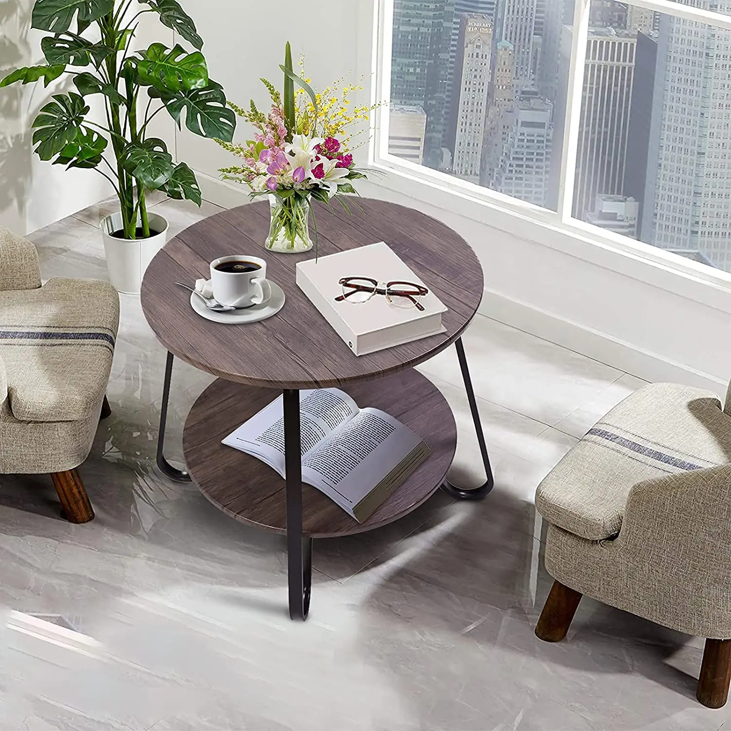 Small Round Coffee Table 2 Tiers Side  Rack Wood Table  for Living Room/Bed Room/Kitchen Room, Metal Frame Brown 18inches