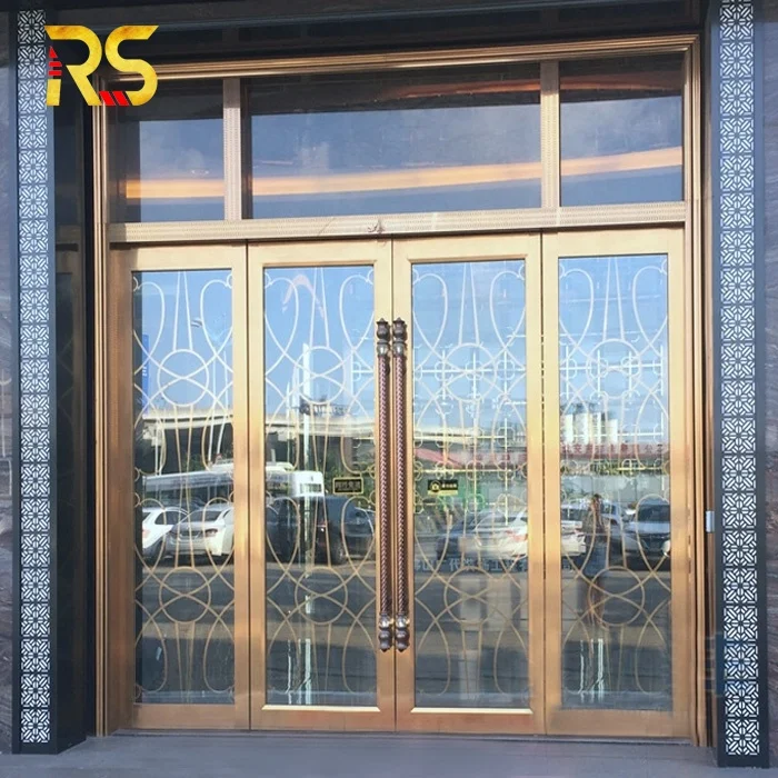 Foshan lobby front entrance door store modern exterior main door luxury stainless steel laser cut double glass door design
