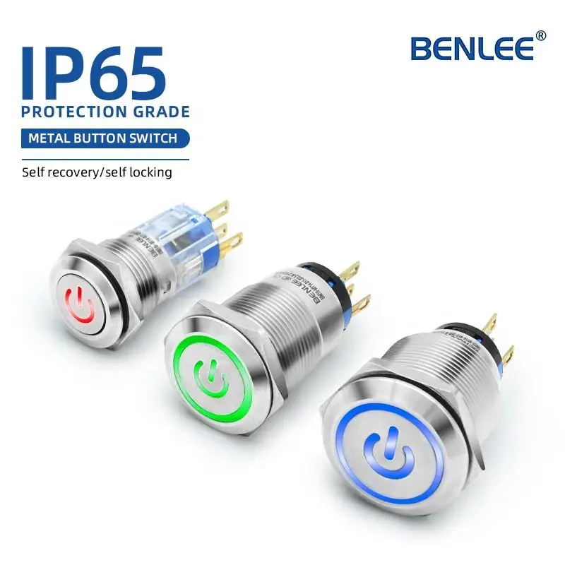 BENLEE Stainless Steel Metal Small Mini 12V On/Off Power Symbol Light 19mm Momentary Waterproof Latching Push Button Switches