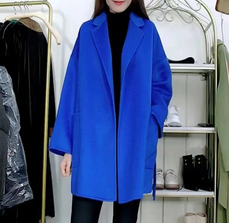 Fashion Turn Down Collar Cashmere Coat Custom Women Belted Long Style Korea Wool Coat