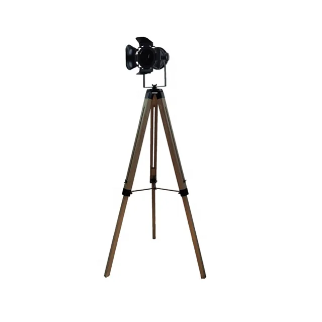 
Vintage Searchlight Floor Lamp with Wood Tripod Base and Metal Shade 3.6M Foot Switch 