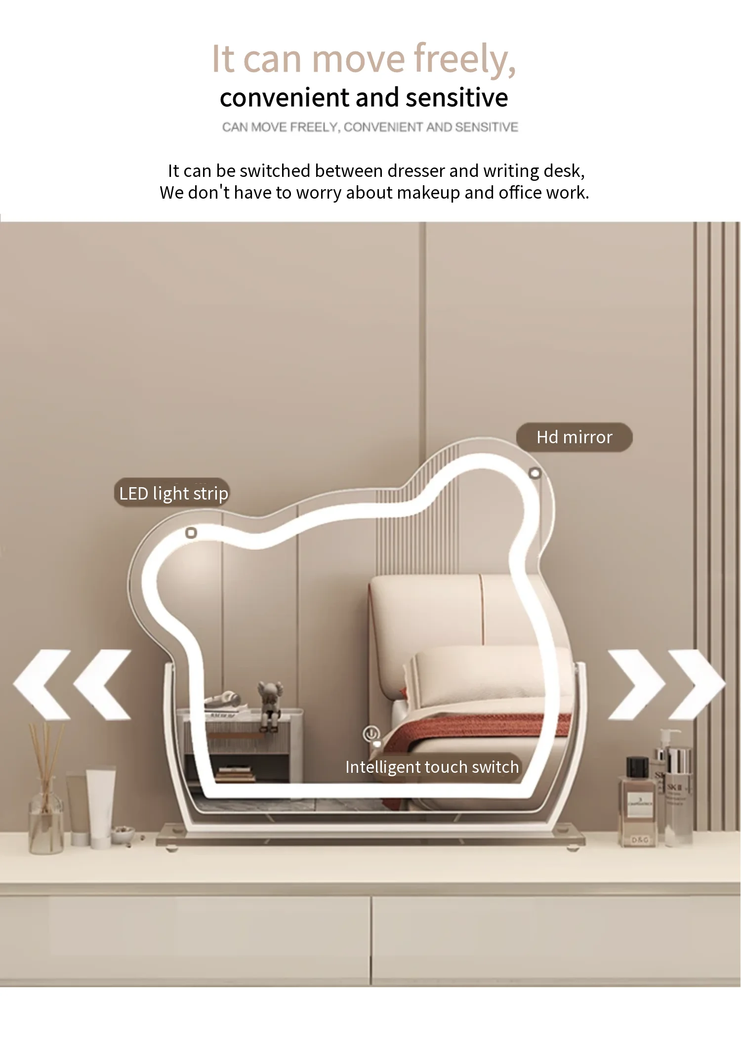 Bear LED Makeup Mirror Intelligent Touch Screen LED Mirror Girl Makeup Wall Mirror with RGB 7 Color Dimmer for Bathroom Use