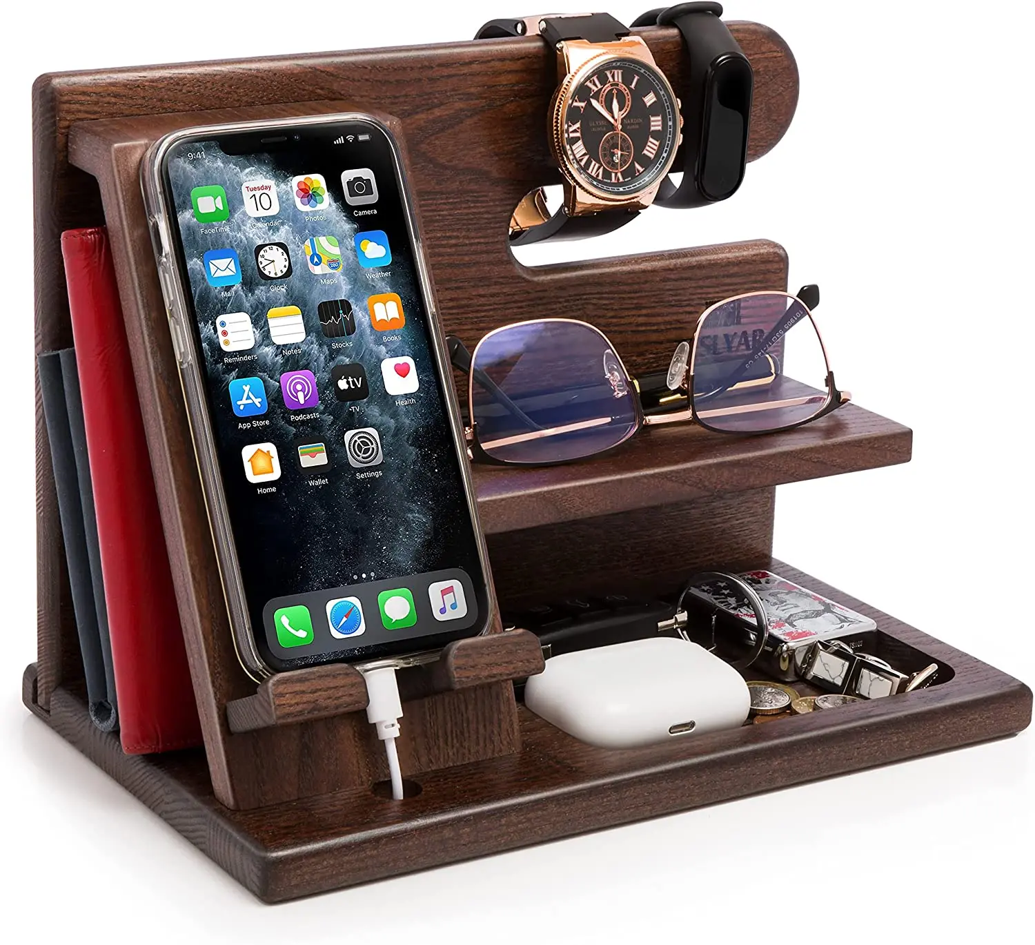 Customize phone Desk Wood Phone Docking Station Key Holder Wallet Stand Watch Organizer Nightstand Purse Gift Holder