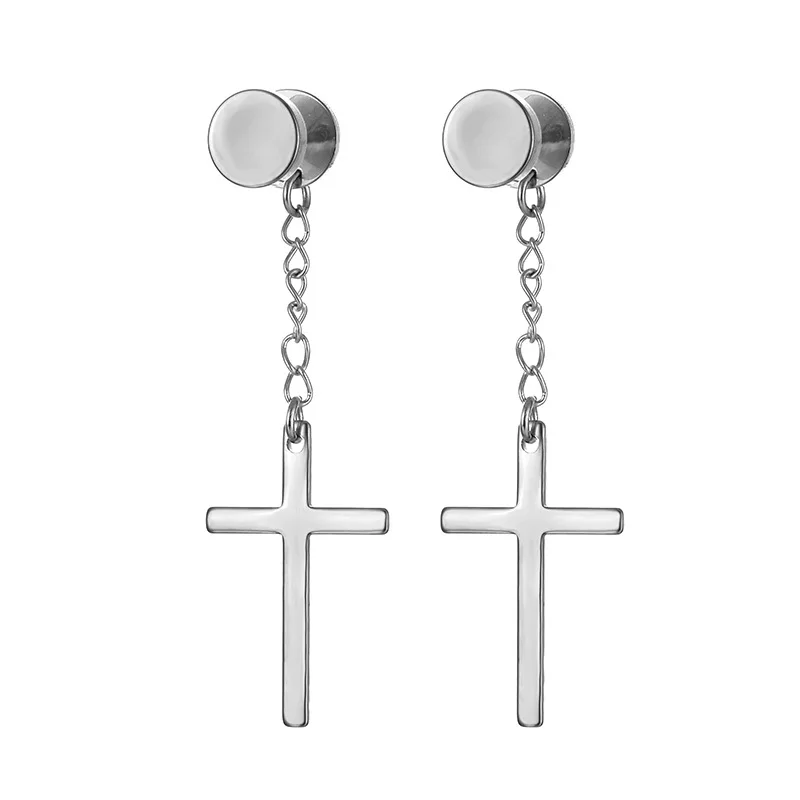 KOMI Big Cross Drop Earrings Round Disc Stud Earrings Simple Temperament Long Cross pendant Earrings for Men Punk Jewelry Gifts