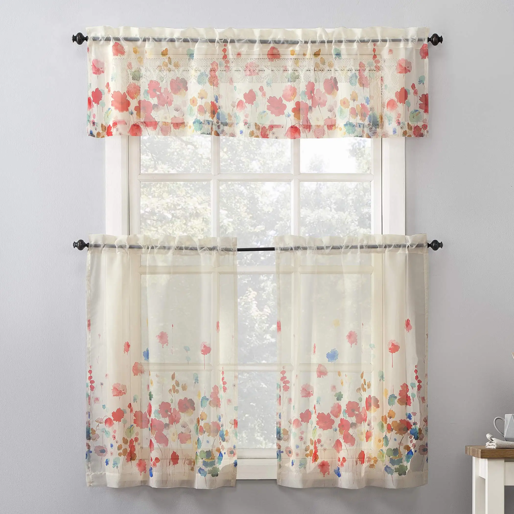Dandelion Floral Botanical Pattern Semi Sheer 3 Pieces Rod Pocket Kitchen Window Curtain Sets With 2 Tiers