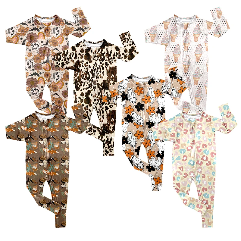 Trending Long Sleeve Romper Bamboo Fabric Custom Print Baby Fold Over Sleeper Wear Boy Girl One Piece Pajamas