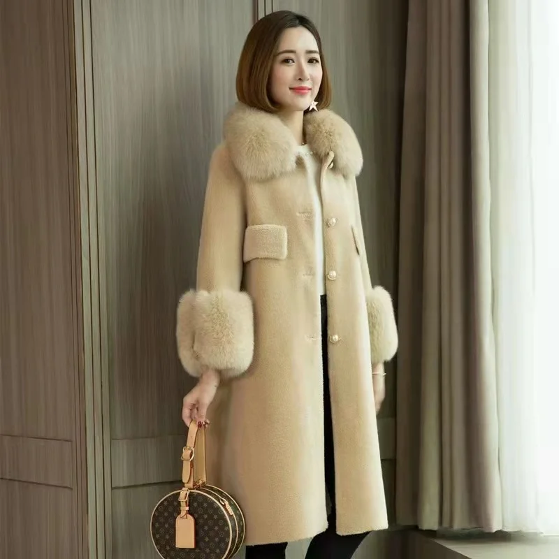New Design Shearling Coat Women Long Style Winter Warm Sheepskin Shearling Coat Women