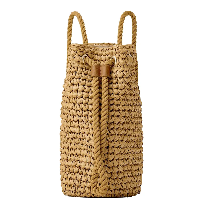 
Hot fashion handmade crocheted brown paper straw backpack with cotton rope straps 