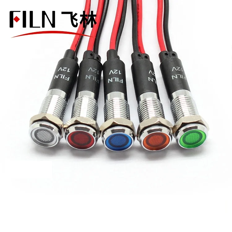 FILN 8mm Metal Flat Head Wire Leading Signal Lamp 12V 110V 220V Red Green Blue Yellow Color Led Panel Indicator Lights