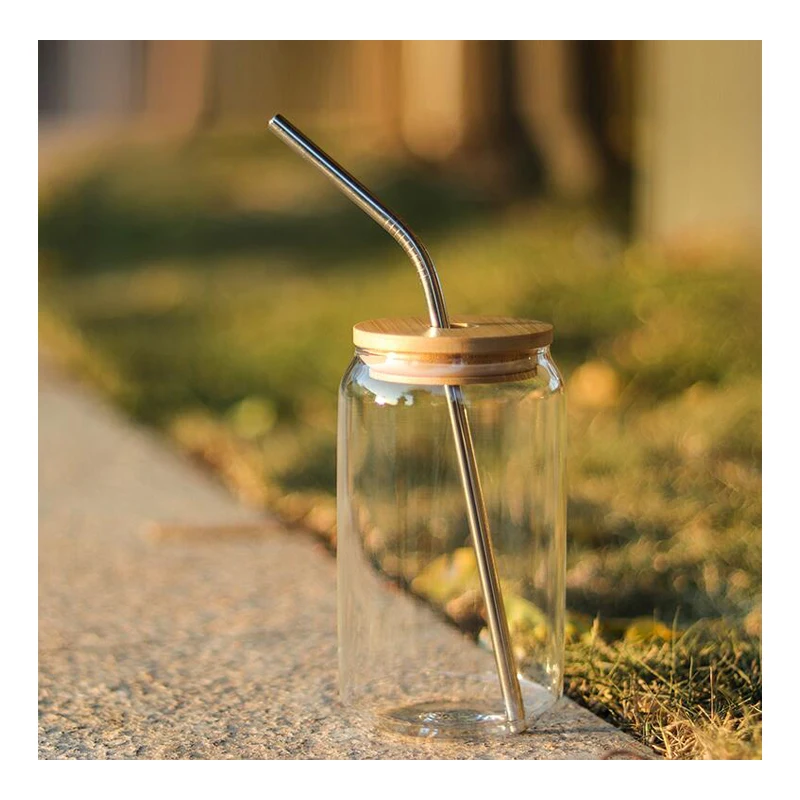 16oz Drinking Cup Set Can Shaped Glass Cup with Lid and Straw Brush for Beer Whiskey Coffee Coke