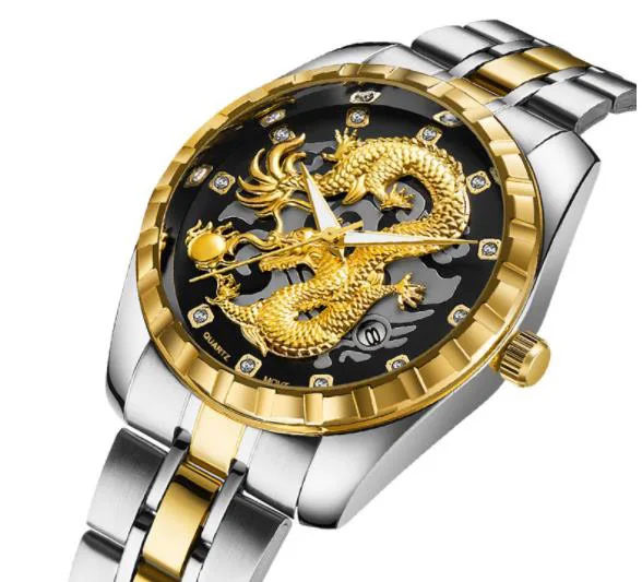 New Golden Mens Watches Top Brand Luxury Chinese Dragon Watch Business Full Steel Quartz Clock