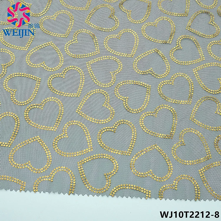 100% Polyester fiber printed peach heart chiffon lace fabric gold-plated printed shiny peach heart mesh fabric clothing skirt