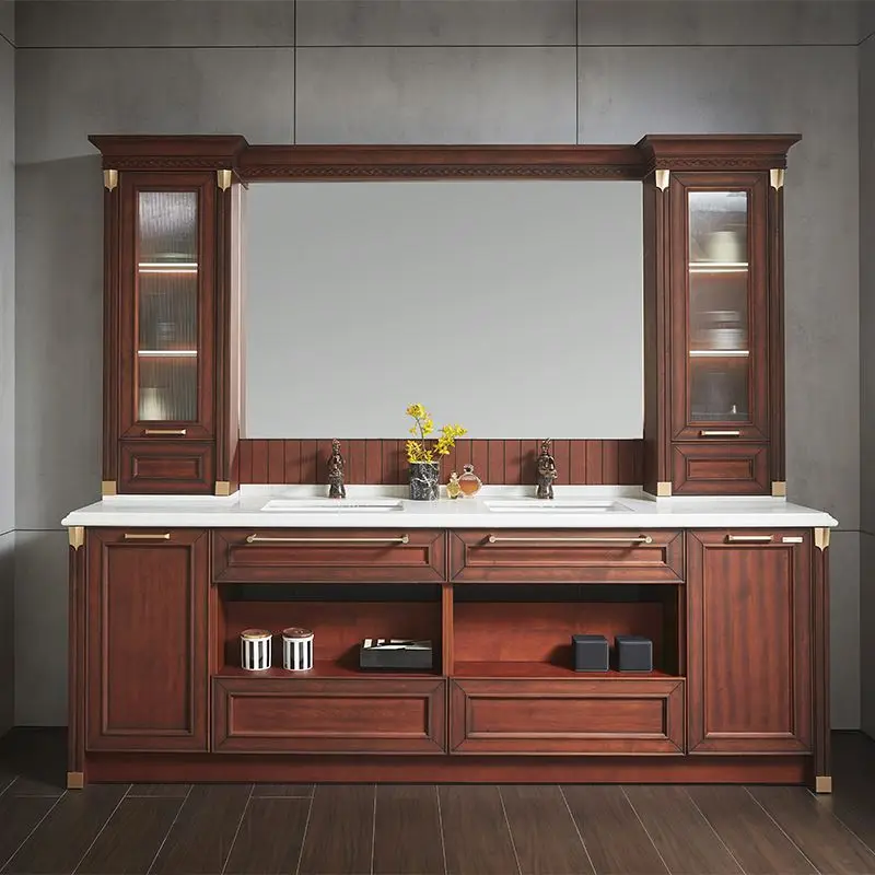 Combo Tower Double Countertop Ceramic Top Biscuit Color Sink With Attached Linen Cabinet Bathroom Vanity