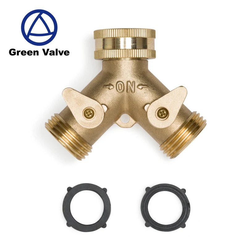 Green Valves Water Hose Y Splitter 3/4 inch Brass Two-Way Water Valve Manifold Garden Valves