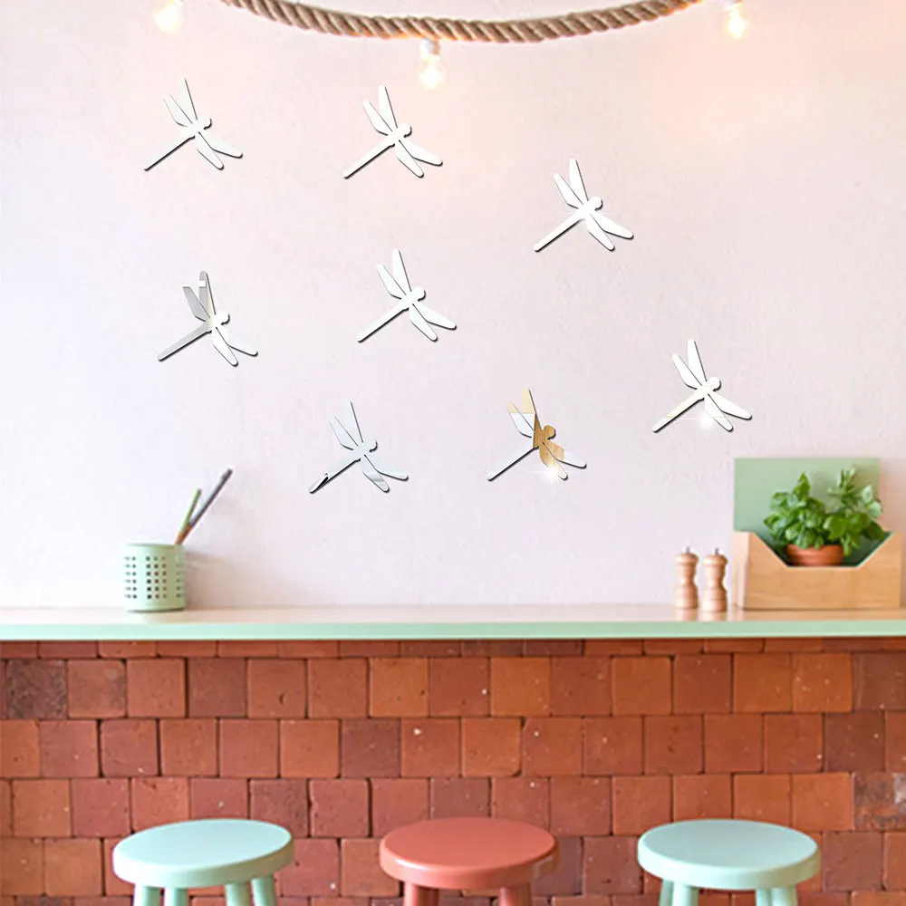 Acrylic Dragonfly geometric solid Mirror Wall Sticker 3D waterproof DIY self-adhesiveMirror Wall Sticker  Bedroom Living Room