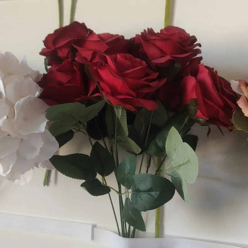 Multi Color 9 Head White Rose Bushes Floral Arrangements Bulk Silk Artificial Flowers Rose Bunch for Wedding Party