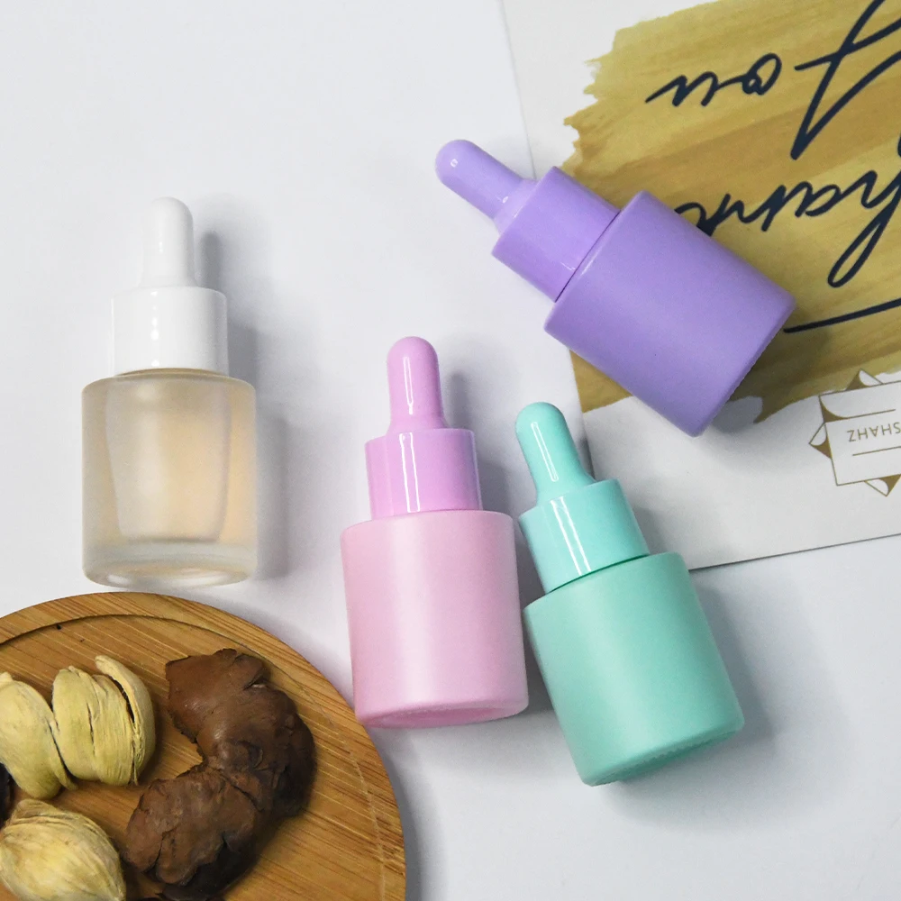 High Quality 20ml Pink White Black Green Purple Yellow Frosted Empty Round Glass Cosmetic Dropper Bottle for Essential Oil