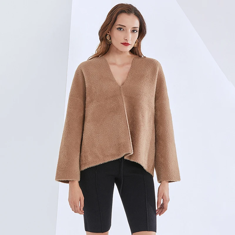 TWOTWINSTYLE Soild Minimalist Knitting Sweater Casual V-Neck Long Sleeve Clothes For Women