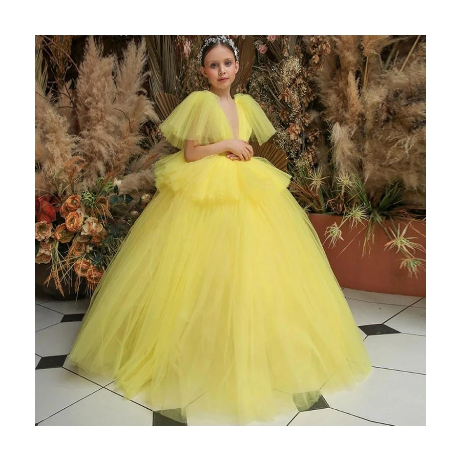 Simple Yellow Ball Gown Flower Girl Dresses Wedding V Neck Birthday Pageant Robe De Demoiselle Children First Communion Dresses